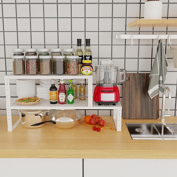 Jojocross Expandable Adjustable Stackable Kitchen Organizer, Spice Rack,Metal Pantry Storage Shelves Racks,Counter Shelf for Cabinets, Countertop, Cupboard (3 Packs/Medium/White)