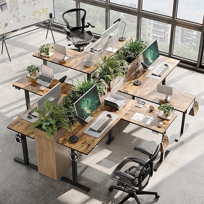 TIQLAB 63 x 55 inch L Shaped Standing Desk Adjustable Height, Electric Corner Standing Desk, Sit Stand Computer Table with Splice Board, Rustic Brown