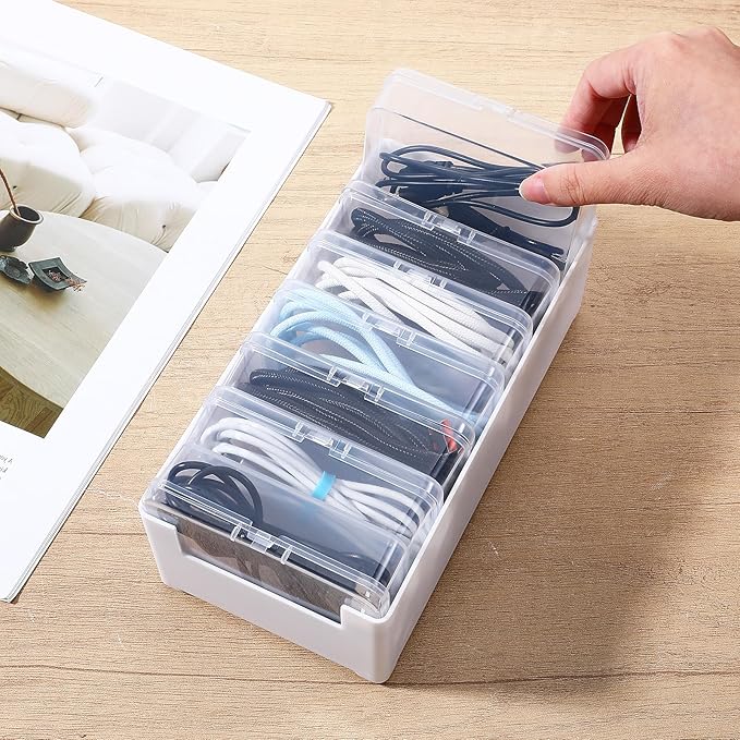 2 Set Cable Organizer Box with 14 Clear Switch Case, Desktop Charger Cord Storage Organizer Box, Charger Cable Organizers for Home Office Desk Accessories Wire Organization Stationery Supplies (White)