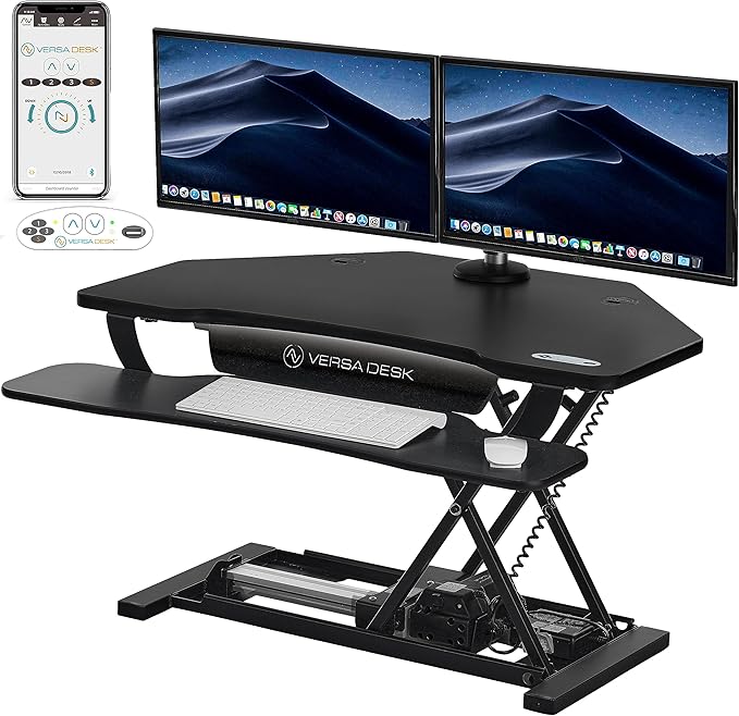 VERSADESK PowerPro Elite Smart Corner Standing Desk Converter - Adjustable Sit Stand Desk Riser with Keyboard Tray & USB C Ports - App Controlled Height Adjustment for Home or Office | Black (36" x