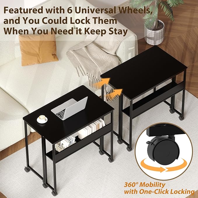 Folding Desk Small Rolling Desk with Storage Shelf,31.5 Inch Foldable Computer Table with Wheels,Portable Office Desk for Small Space Sofa Table,Easy to Fold,Writing Work Office Computer Desk,Black