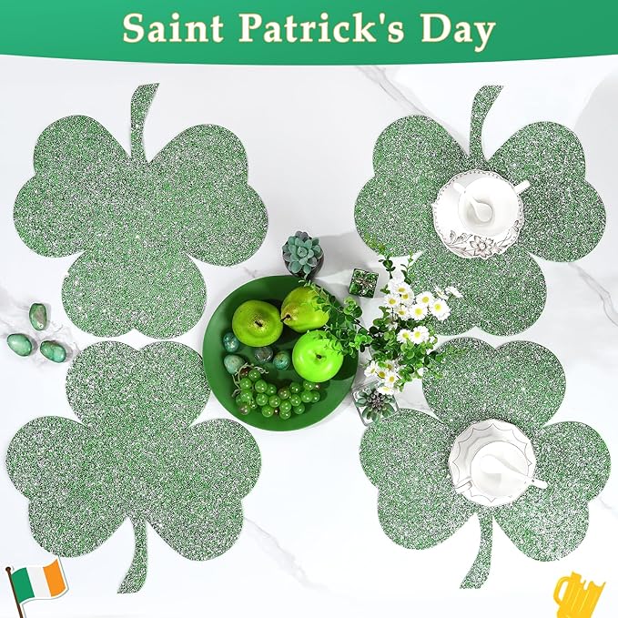 Green Placemat, Sparkle Glitter Rhinestones Table Mat Crushed Diamond Shamrock Table Placemat 16inch for St. Patrick's Day Home Kitchen Dinning Decorations