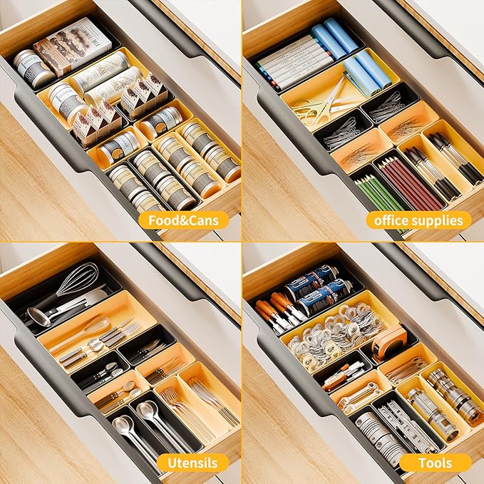 [5 Sizes] [69 PCS] Tool Drawer Organizer, Tool Box Tray, Desk Drawer Tray, Rolling Tool Chest, Toolbox Organzier (Black+Yellow)