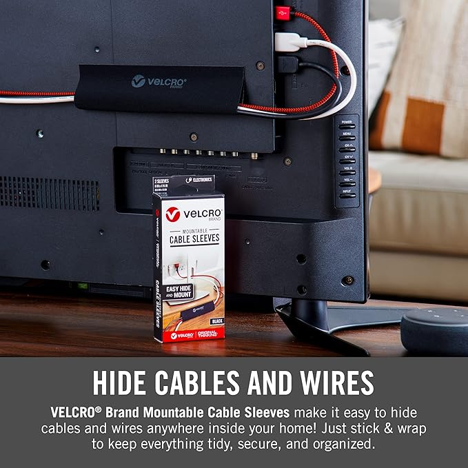 VELCRO Brand Mountable Cable Sleeve | 3-Ft Customizable Cable Raceway with Removable Adhesive | Cut to Length for Custom Size Wire Management | Cord Hider Mounts on Walls, Desk | Black, VEL-30799-USA