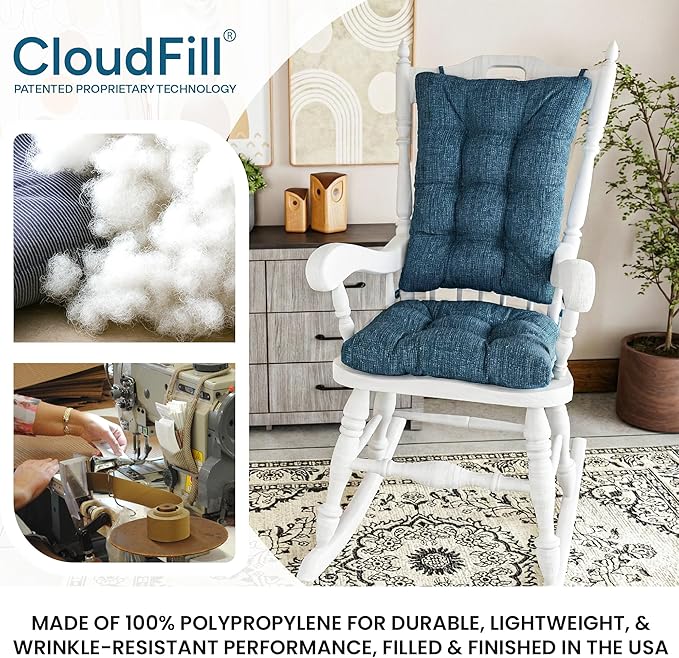The Gripper Twill Jumbo XL Non-Slip Rocking Chair Cushion Set with Thick Padding, Includes Seat Pad & Back Pillow with Ties for Indoor Living Room Rocker, 17x17 Inches, 2 Piece Set, Sapphire