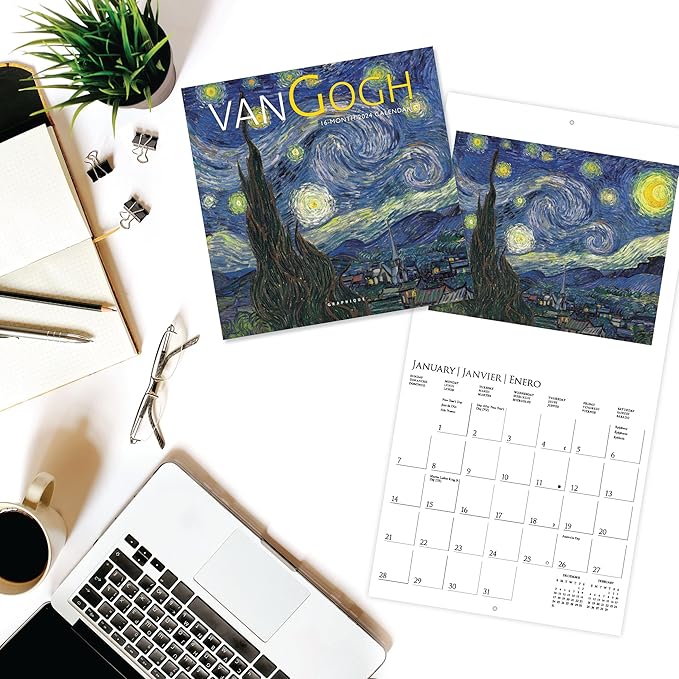 Graphique 2024 Van Gogh Mini Wall Calendar | 7” x 7” | Thick Paper | Home & Office Organizer | Large Monthly Grid | 3 Languages & Marked Holidays | 4 Month Preview Page for 2025