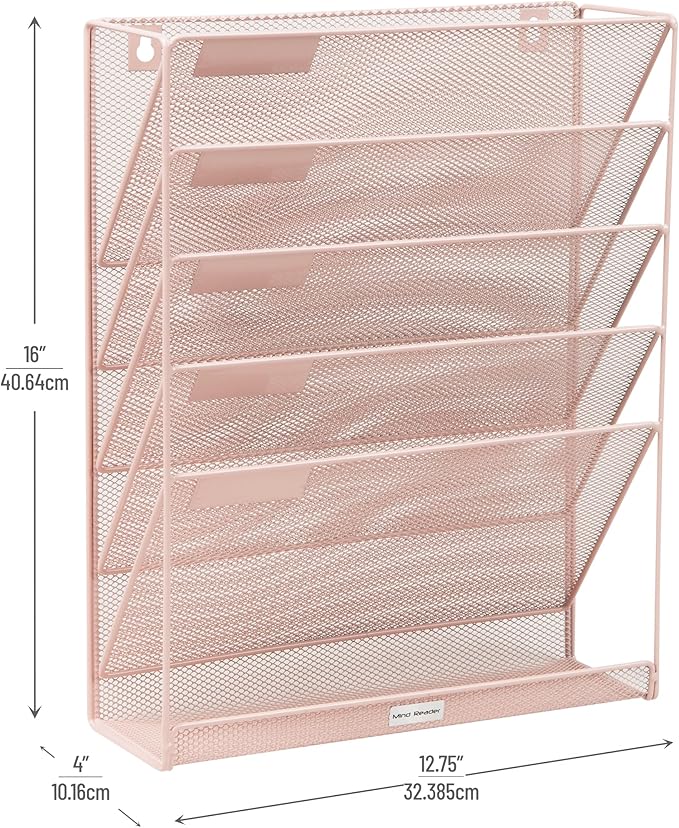 Mind Reader 5-Tier Vertical File Storage, Desktop Organizer, Wall Mount, Office, Metal Mesh, 12.75" L x 4" W x 16" H, Pink (Pack of 4)