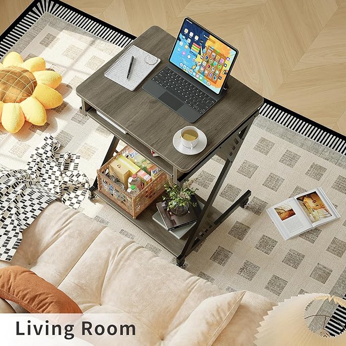 ALISENED 23.6" Z-Shaped Computer Desk for Small Spaces with Keyboard Tray, Wheels and Bottom Shelves, Compact Space-Saving Home Office Workstation, Grey