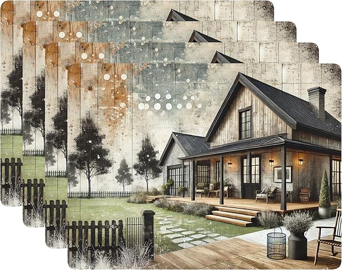 Set of 4 Cork Backed Placemats, Kitchen and Dining Table Decoration Design Hard Placemat 12" x 16" (House Painting)