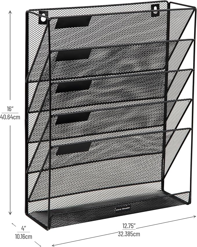 Mind Reader 5-Tier Vertical File Storage, Desktop Organizer, Wall Mount, Office, Metal Mesh, 12.75" L x 4" W x 16" H, Black (Pack of 4)