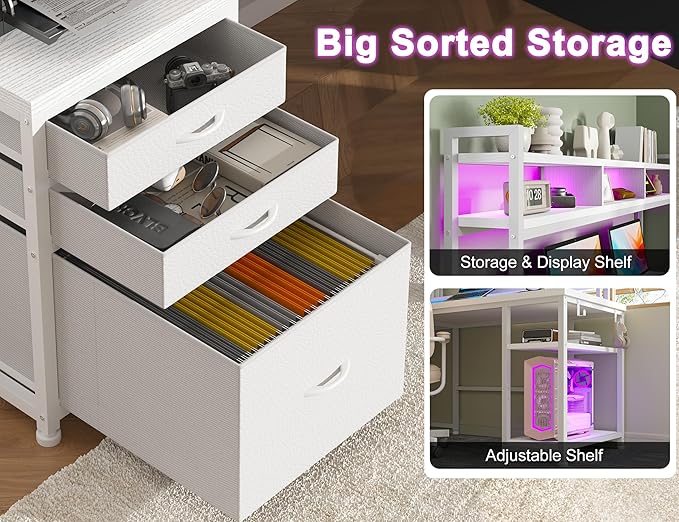 EnHomee 64 x 60 Inch L Shaped Desk with Shelf and Drawers, Gaming Desk with Power Outlet & Monitor Stand & LED Lights, Reversible White Vanity Desk, Two Person Desk for Living, Gaming Room, White