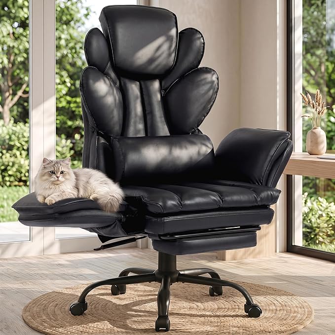 Flip Armrests Criss Cross Office Chair, Reclining Office Chair with Foot Rest, Adjustable Headrest, Massage Waist Pillow, Cross Legged Big and Tall Desk Chair Wide Seat Vanity Chair, PU Leather Black