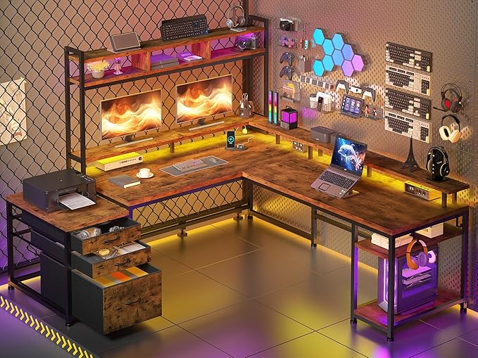 EnHomee 64 x 60 Inch Reversible L Shaped Gaming Desk with Hutch, 3 Drawers, Power Outlet & LED Lights, Two Person Corner Computer Desk with Monitor Stand for Home Office, Bedroom, Living Room