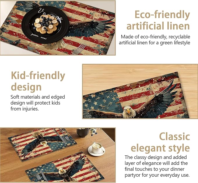 Retro American Flag Eagle Table Placemats Set of 6, Linen Placemats 12x18 Inch, Washable Non Slip Heat Resistant Mats for Dining Table Kitchen Indoor Use