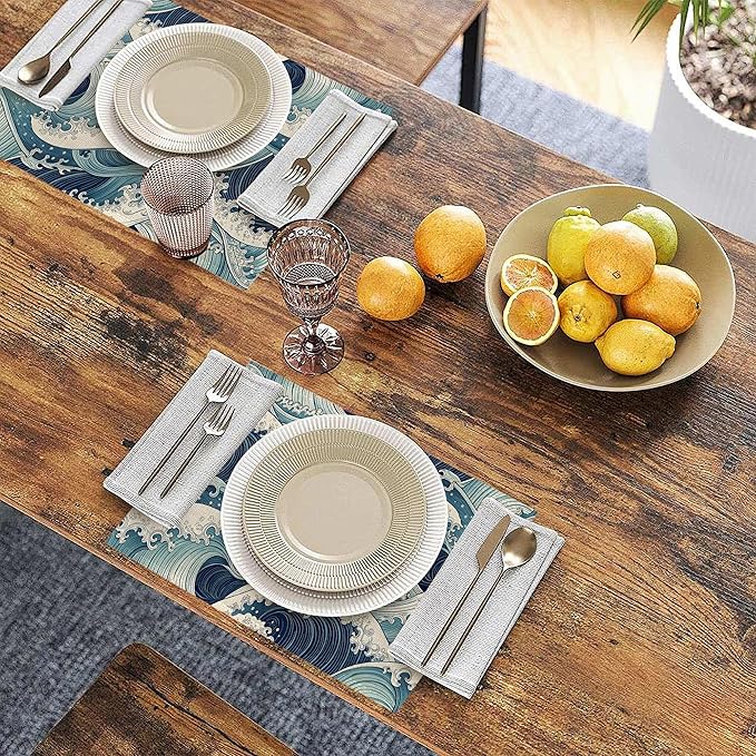 Japanese Waves Placemats Set of 6 Linen Table Mats, 12x18 Inch Washable Placemats for Dining Table, Non Slip Heat Resistant Mats for Kitchen Home Decor