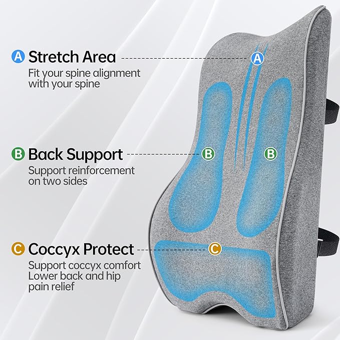 Plush Comfortable Memory Foam Lumbar Support Pillow - Soft Back Cushion for Office Chair, Car Seat, Gaming Chair - Ergonomic Lower Back Pain Relief with Adjustable Straps & Washable Cover-Grey