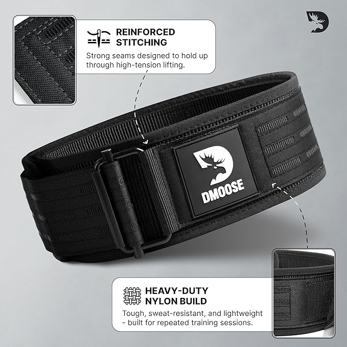 DMoose Weight Lifting Belt - Auto Locking Gym Belt for Olympic Training, WOD, Cross Training for Men and Women - 4" Nylon Workout belt with Adjustable Buckle - Provides Lumbar Support and Stability