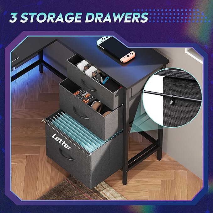 DEVAISE 66 Inch L Shaped Gaming Desk with Drawers and Storage, Corner Desk with LED Lights, Power Outlets, Computer Desk with Monitor Stand, Office Desk for Home, Black