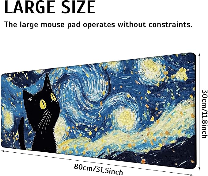 Large Gaming Mouse Pad Blue Starry Night Black Cat Desk Mat,Non-Slip Rubber Base Stitched Edges,Extended Mousepad for PC,Laptop,Office,Home Decor(31.5 x 11.8 Inch)