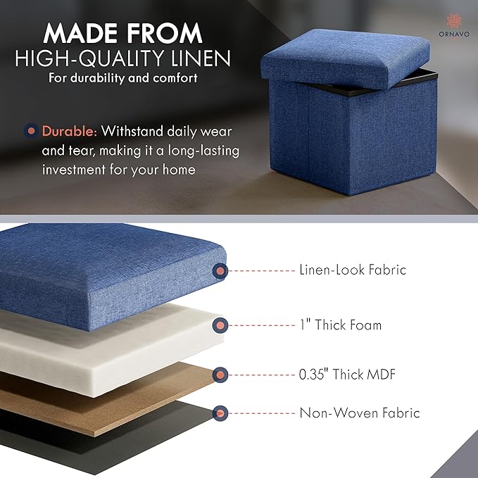 Ornavo Home Small Storage Ottoman, Set of 2 Foldable Collapsible Cube Square Linen Ottoman Foot Rest Stool Seat, for Living Room, Bedroom, Home Office, Dorm - 12 x 12 x 12, Navy Blue