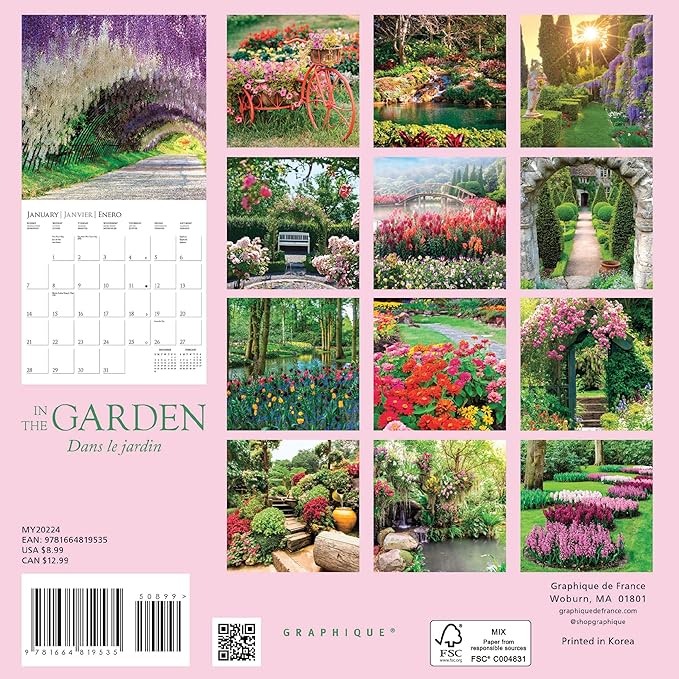 Graphique 2024 In the Garden Mini Wall Calendar | 7” x 7” | Thick Paper | Home & Office Organizer | Large Monthly Grid | 3 Languages & Marked Holidays | 4 Month Preview Page for 2025