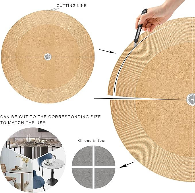 CENNBIE 42 Inches Round Table Pad- Cork & Leather Table Mat - Suitable as Side Dining Coffee Table Cover Protector - Can Be Cut to Fit (30"-42", Blue)