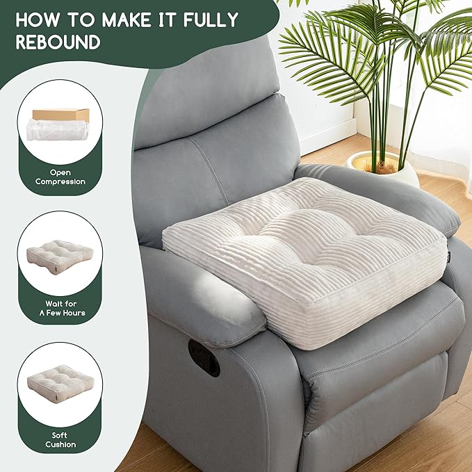 HIGOGOGO Tufted Corduroy Recliner Seat Cushion for Elderly, 20x20x5 Inch Large Square Seat Cushion for Recliner Chair, Floor Pillow, Office Chair, Car, No Pressure on Thighs, Beige