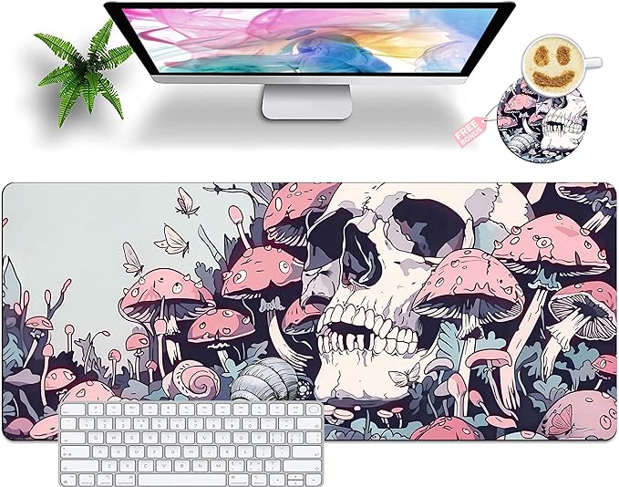 Extended Mouse Pad with Coaster 31.5 x 11.8 Desk Pad Full Desk Mousepad Stitched Edges Desk Mat Long Large Gaming Mouse Pad for Desk Office Home Floral Skull