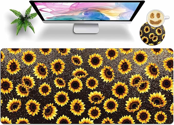 Large Mouse Pad with Coaster 35.4x15.7 XXL Extended Mousepad Desk Mat for Keyboard and Mouse, Waterproof Non-Slip Desk Pad, Office Essentials Desk Accessories for Home Office-Sunflower
