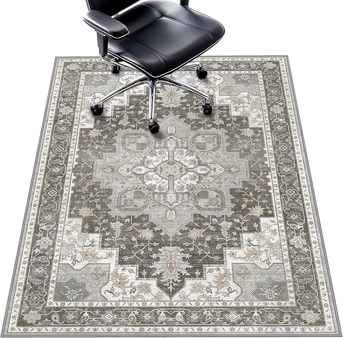 36"x48" Office Chair Mat for Hardwood Tile Floor, Under Desk Carpet Protector for Rolling Computer Chair Mat, Machine Washable Area Rug, Anti-Slip 1/5" Thick Low Pile Thin Vinyl Floor Mat, Tawny Grey