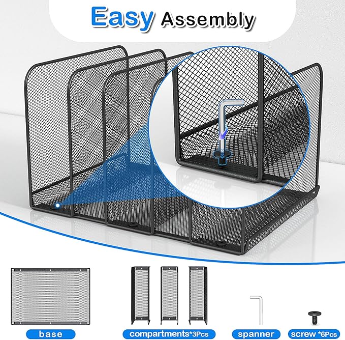 TOPCJ 5 Sections Desk File Holder/Rack/Sorter,Mesh File Organizer,File Folder Organizer,Metal Upright Desktop Organization for Documents,Magazine,Kitchenware,Antiskid,Antirust,Sturdy,1 Pack