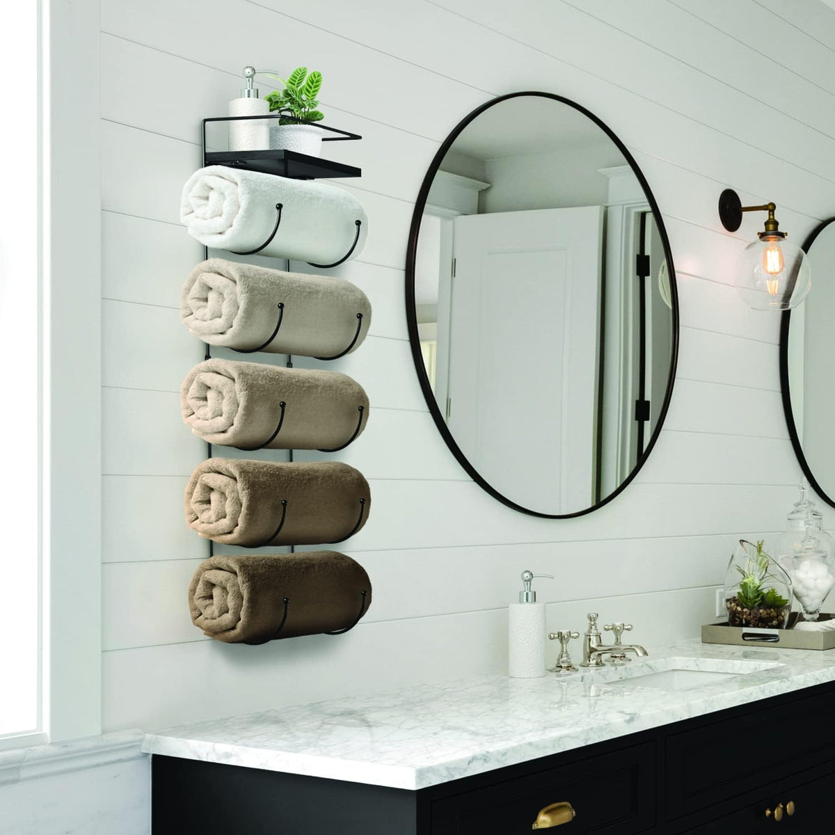 Bathroom Towel Holder - 5 Tier Metal Towel Rack with Wood Shelf for Rolled Bath Towels, Washcloths, Linens, Hand Towels, Soaps & Accessories - Wall Mounted Towel Rack for Bathroom Towel Storage