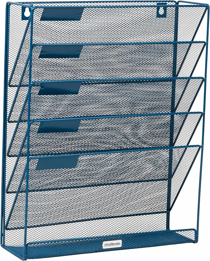 Mind Reader 5-Pocket Vertical File Storage, Desktop Organizer, Wall Mount, Office, Metal Mesh, Turquoise