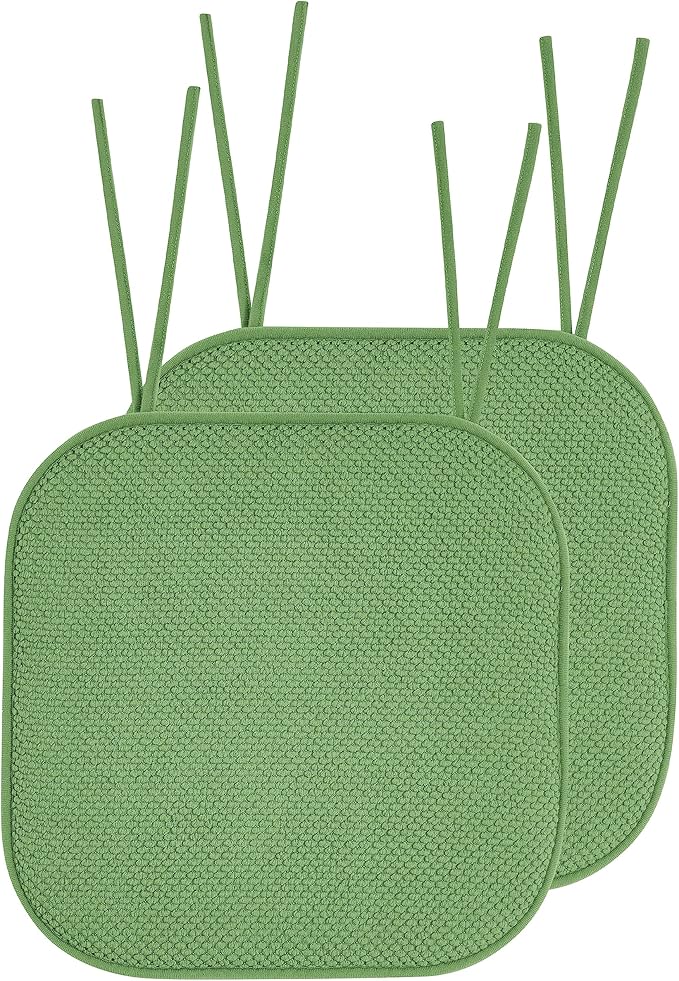 Elegant Comfort 2 Pack Chair Cushion Covers - Skid-Proof Rubber Backing - 16 x 16 Inch - Thick Dining Square Shape Seat Covers - Comfortable Textured Chair Pads with Ties - Honeycomb Pattern, Green