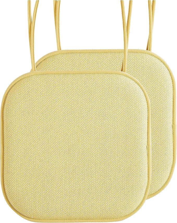 Elegant Comfort 2 Pack Chair Cushion Covers - Skid-Proof Rubber Backing - 16 x 16 Inch - Thick Dining Square Shape Seat Covers - Comfortable Textured Chair Pads with Ties - Chevron Pattern, Yellow