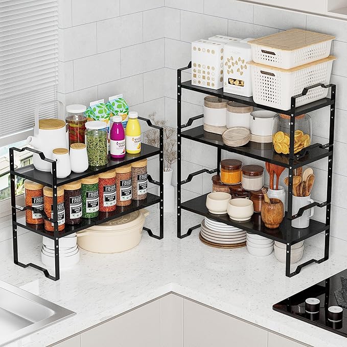 Jojocross Expandable Shelf for Cabinet Organizer Adjustable Stackable Spice Rack at Kitchen and Bathroom More, Counter Countertop Cupboard Organization Pantry Storage(MEDIUM/1PACK/BLACK)