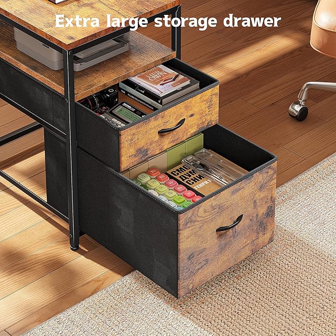 DurayLoly 63" L Shaped Desk with Monitor Stand & CPU Stand, Reversible Computer Desk with 6-Tier Shelves& 2 Fabric Drawers, Ergonomic Desk with Power Outlet & LED Lights for Home Office,Rustic Brown