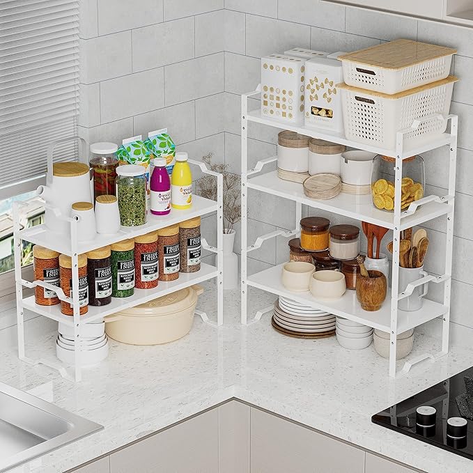Jojocross Expandable Shelf for Cabinet Organizer Adjustable Stackable Spice Rack at Kitchen and Bathroom More, Counter Countertop Cupboard Organization Pantry Storage(MEDIUM/1PACK/WHITE)