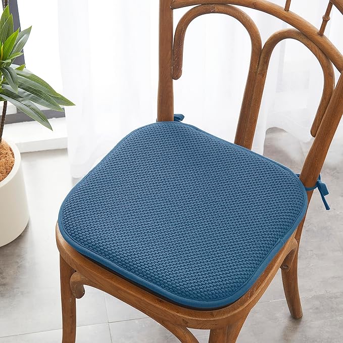 Elegant Comfort 2 Pack Chair Cushion Covers - Skid-Proof Rubber Backing - 16 x 16 Inch - Thick Dining Square Shape Seat Covers - Comfortable Textured Chair Pads with Ties - Honeycomb Pattern, Blue