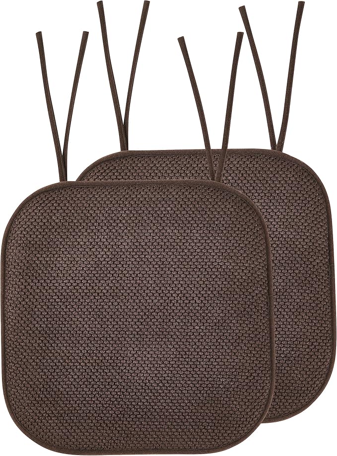 Elegant Comfort 2 Pack Chair Cushion Covers - Skid-Proof Rubber Backing - 16 x 16 Inch - Thick Dining Square Shape Seat Covers - Comfortable Textured Chair Pads with Ties - Honeycomb Pattern, Brown