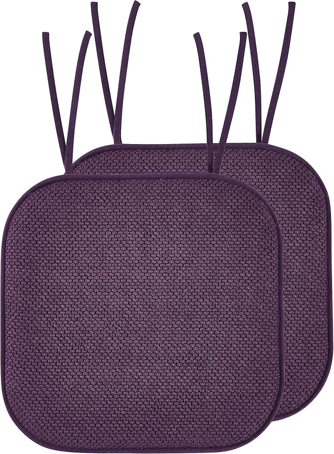 Elegant Comfort 2 Pack Chair Cushion Covers - Skid-Proof Rubber Backing - 16 x 16 Inch - Thick Dining Square Shape Seat Covers - Comfortable Textured Chair Pads with Ties - Honeycomb Pattern, Purple