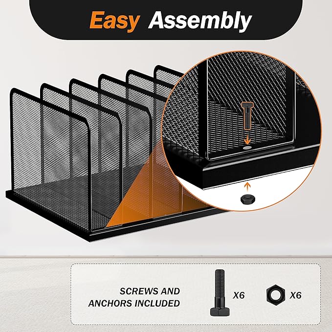 Kuntine.B Desk File Organizer Upright Mesh Desktop Organizer File Sorter Office Organization File Holder for Home, Office & Classroom (Black, 2 Pack 5-Section)
