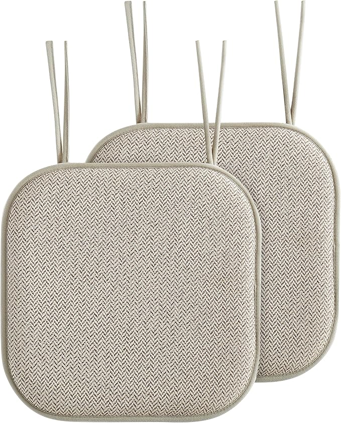 Elegant Comfort 2 Pack Chair Cushion Covers - Skid-Proof Rubber Backing - 16 x 16 Inch - Thick Dining Square Shape Seat Covers - Comfortable Textured Chair Pads with Ties - Chevron Pattern, Beige