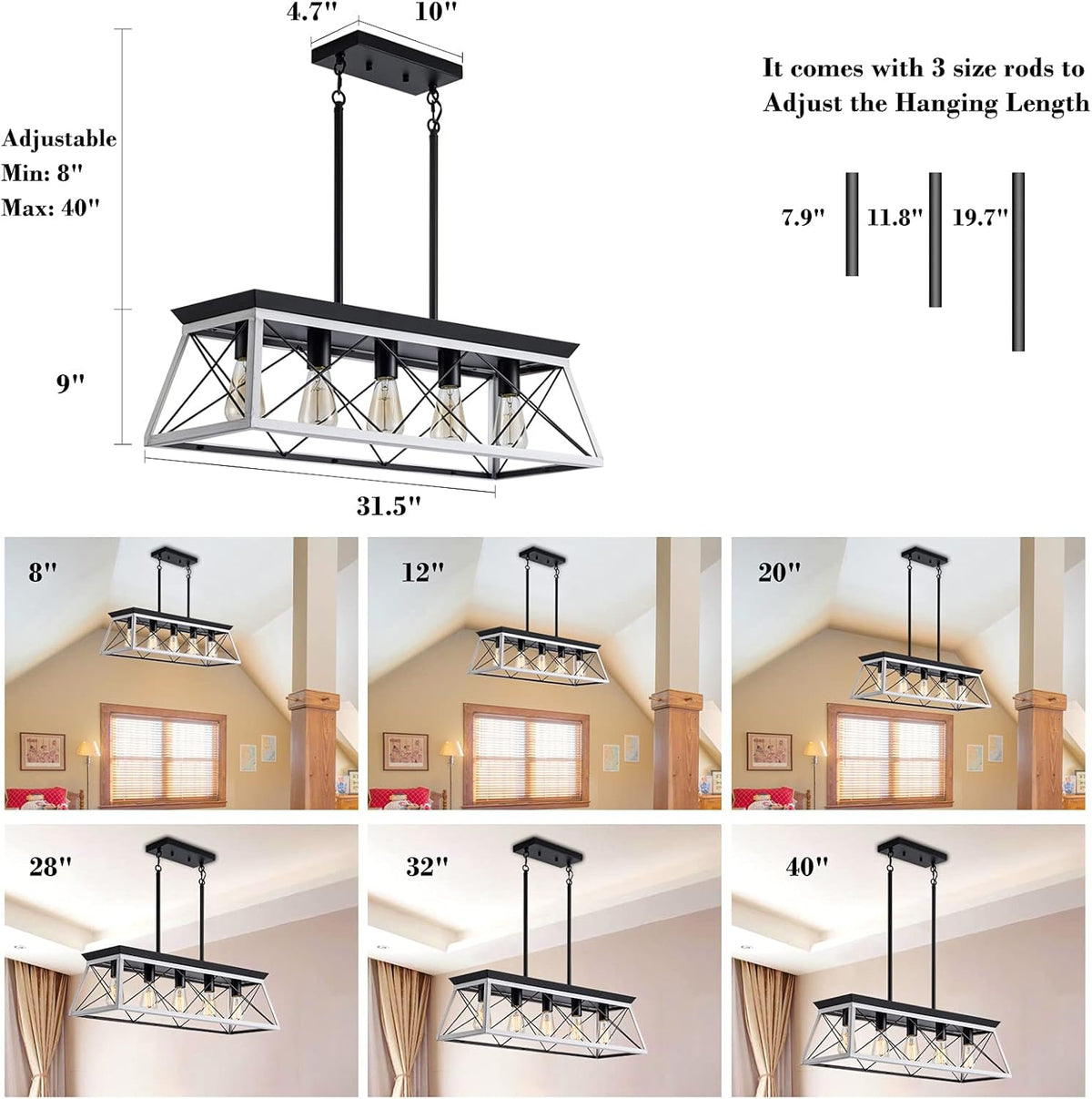 5-Light Pendant Lights Fixture, Farmhouse Chandeliers for Dining Room, Rustic Island Lights for Kitchen, Rectangular Chandelier Rustic Farmhouse Light Fxiture