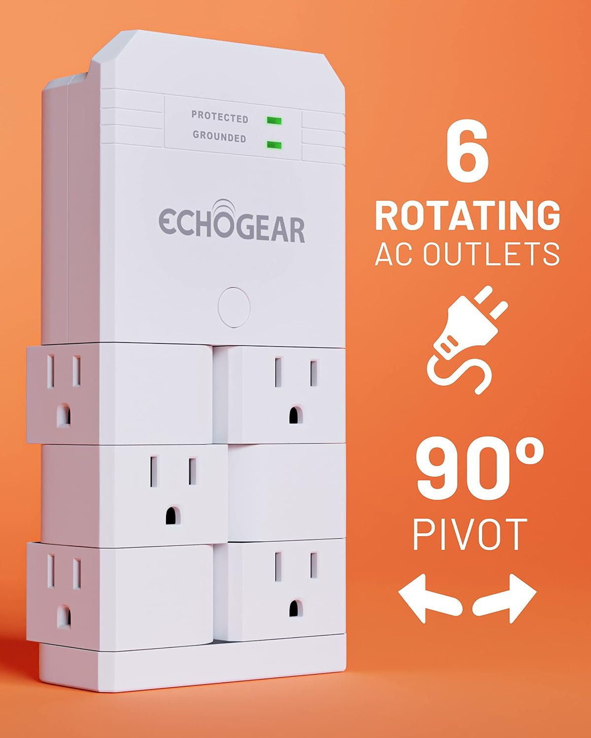 On-Wall Surge Protector with 6 Pivoting AC Outlets & 1080 Joules of Surge Protection - Low Profile Design Installs over Existing Outlets to Protect Your Gear (White 2 Pack)