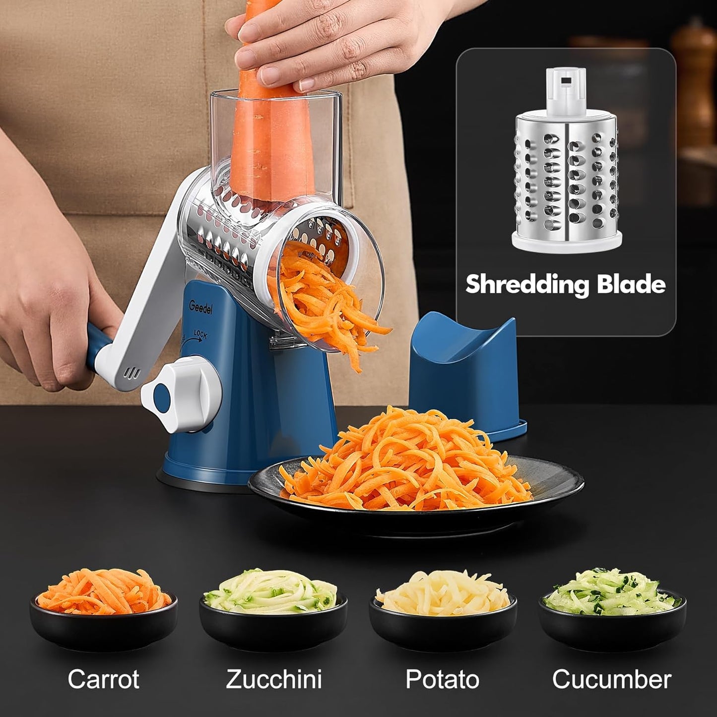 Rotary Cheese Grater Hand Crank, Cheese Shredder Vegetable Slicer | 3 Blades, 430 Stainless Steel, 12X Fast Cutting, Strong Suction Base, No BPA, Dishwasher Safe, for Cheese, Viggie, Nut