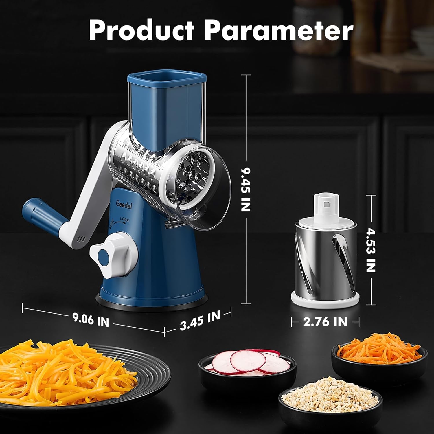 Rotary Cheese Grater Hand Crank, Cheese Shredder Vegetable Slicer | 3 Blades, 430 Stainless Steel, 12X Fast Cutting, Strong Suction Base, No BPA, Dishwasher Safe, for Cheese, Viggie, Nut
