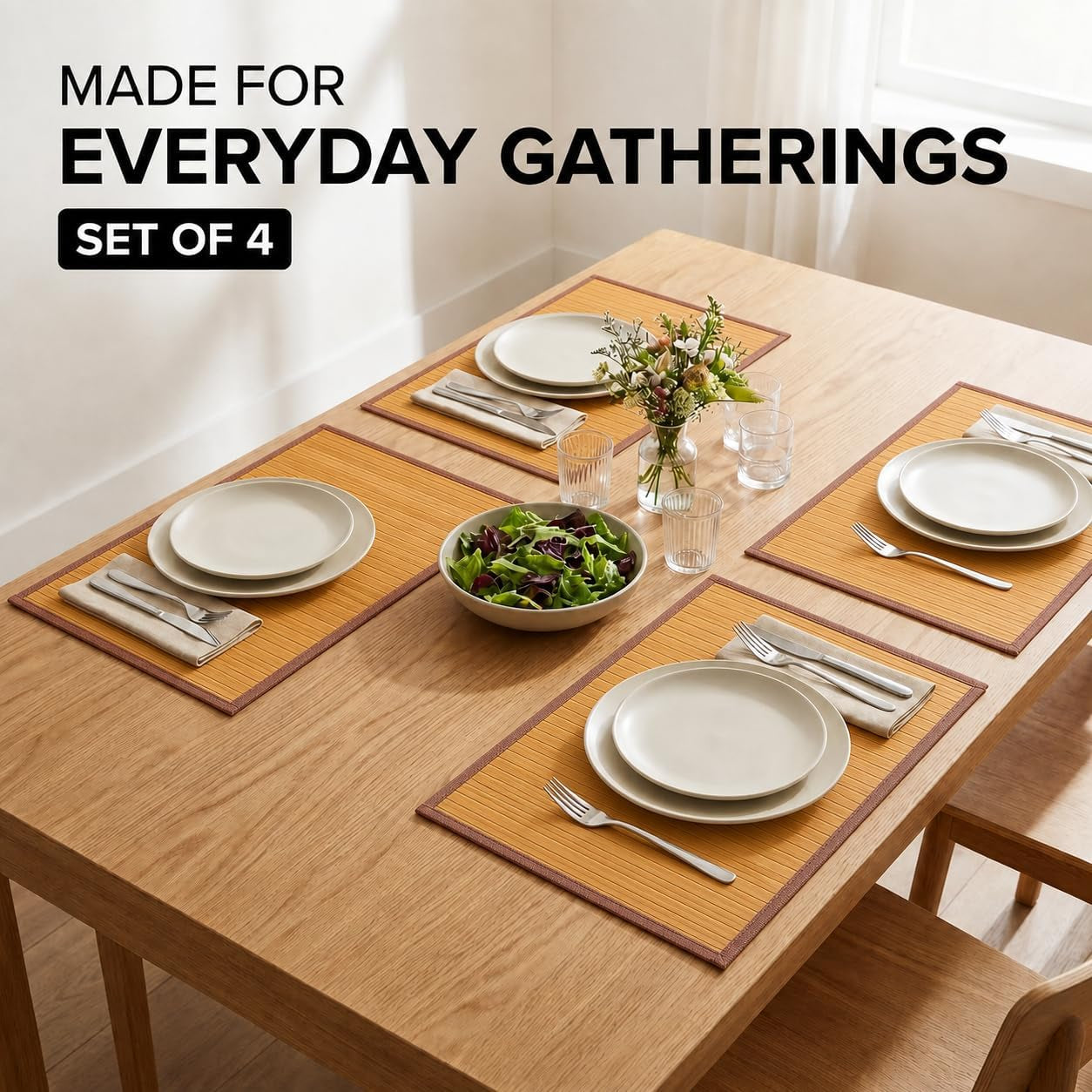 Bamboo Placemats, Set of 4, Woven, 11.8X17.3 Inches, Yellow | Woven Heat-Resistant Bamboo Mats Help Protect Tables from Hot Dishes. Ideal for Everyday Dining, Kitchens& Parties