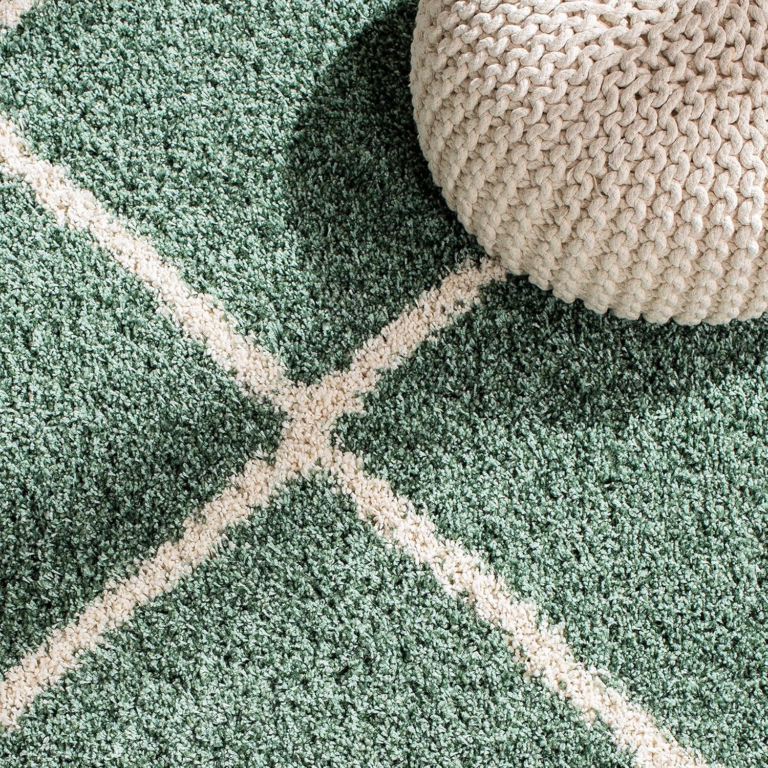 SAFAVIEH Hudson Shag Collection Area Rug - 7' Square, Green & Ivory, Modern Trellis Design, Non-Shedding & Easy Care, 2-Inch Thick Ideal for High Traffic Areas in Living Room, Bedroom (SGH281Y)