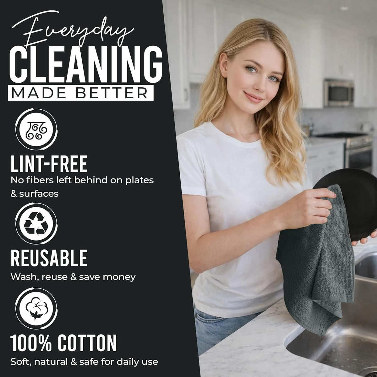 Premium Dish Cloth 100% Cotton 12X12 Inches |Pack of 8|- Grey | Terry Kitchen Towels Ultra Soft Tea Towels-Highly Absorbent Kitchen Rags-Terry Dishcloth for Kitchen and Household Cleaning